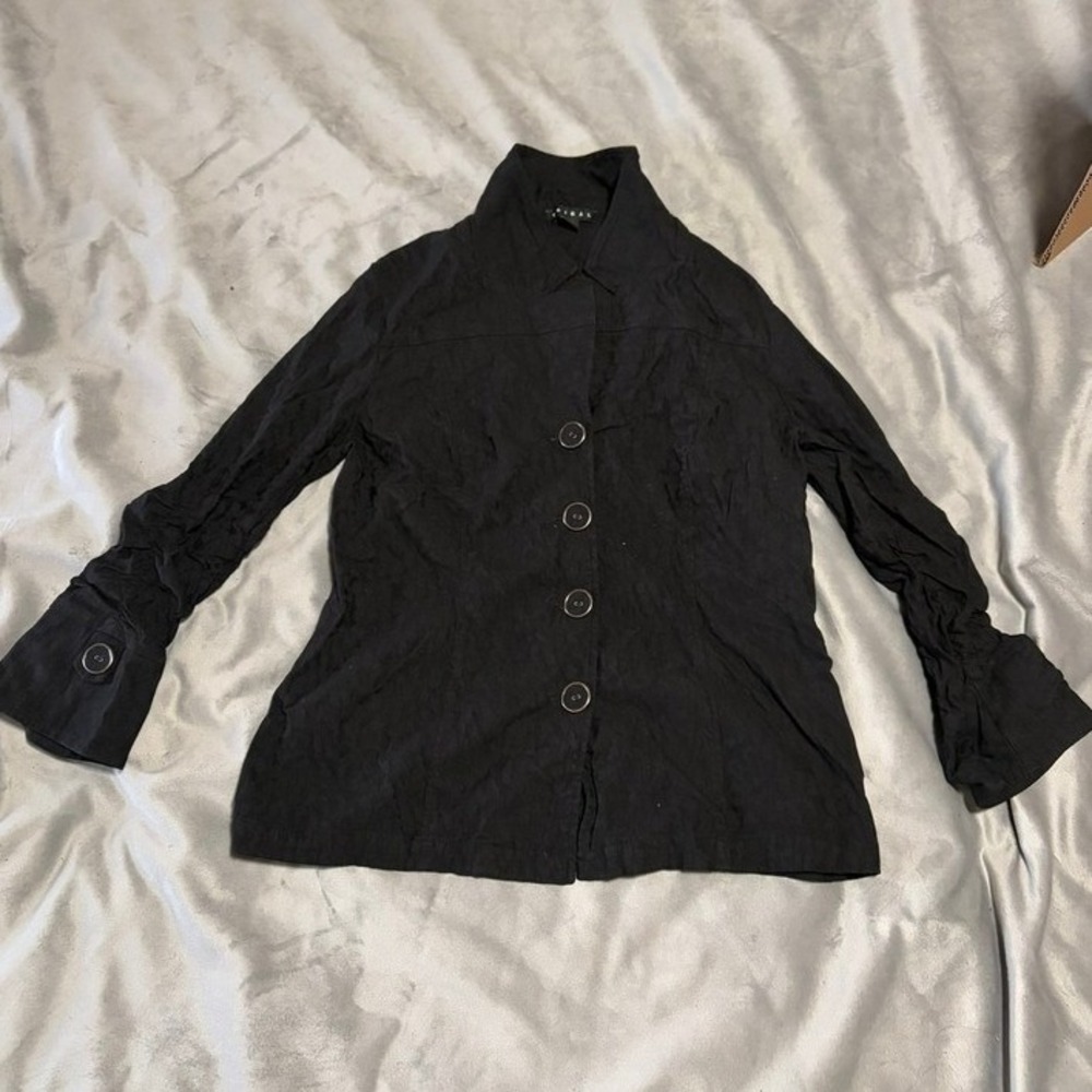 Tribal Womens Size 12 Black Crinkle Textured Button Down Long Sleeve Shirt Top